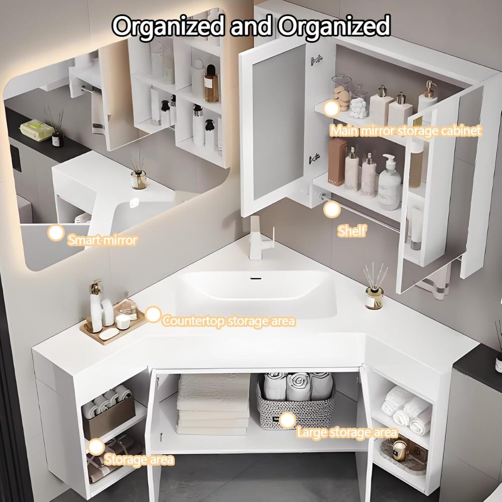 60IN Corner Bathroom Vanity with Sink - Modern Solid Wood Bathroom Vanity Cabinet with Smart Defog Mirror & Storage Mirror Cabinet, Single Floating Sink Design - Complete Accessories