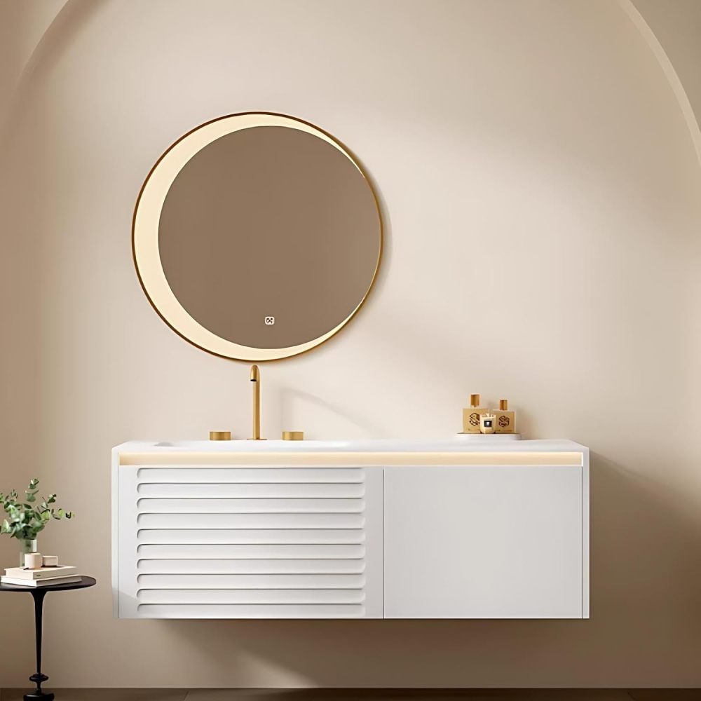 96 inch Bathroom Sink Vanity - Luxury Floating Bathroom Vanity with Anti-Fog Mirror & Drawer, One-Piece Countertop, Solid Wood, Striped Design, Waterproof Coating, Fully Assembled, White A