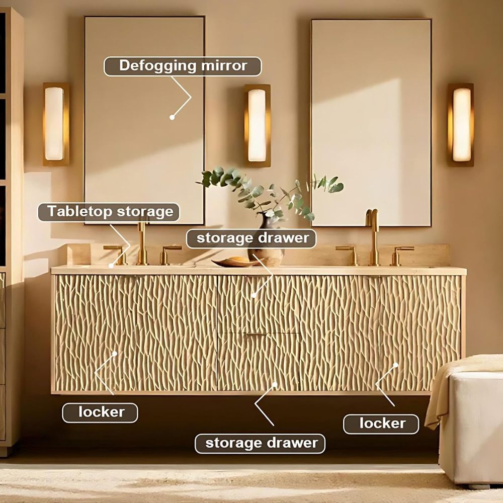 92IN Bathroom Vanity with Sink - Modern Bathroom Vanity Cabinet with Drawers, Wall-Mounted Vanity, Intelligent Defogging, Waterproof, Customizable Sizes - Complete Accessories, Brown