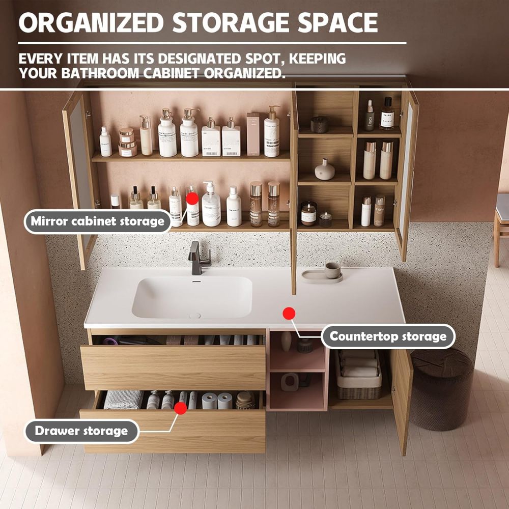 80IN Retro Bathroom Vanity with Sink - Solid Wood Floating Vanity Cabinet with Smart Anti-Fog Mirror, Seamless Stone Sink, Ample Storage, Customizable Sizes for Bathroom, Mirror