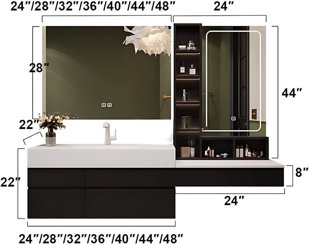 Bathroom Vanity with Sink - Floating Bathroom Vanity with Smart Anti Fog Mirror, Elegant Sink Cabinet with Multifunctional Storage, Includes Makeup Stool (48IN,Black-B)