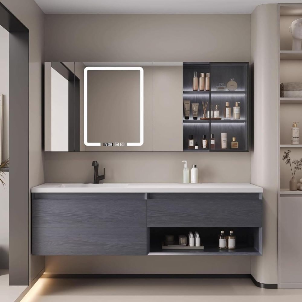 76IN Bathroom Vanity - Modern Bathroom Vanity with Anti-Fog Mirror Cabinet, One-Touch Defog & Lighting, Floating Sink Cabinet with Storage & Seamless Sink, No Assembly Required, Gray