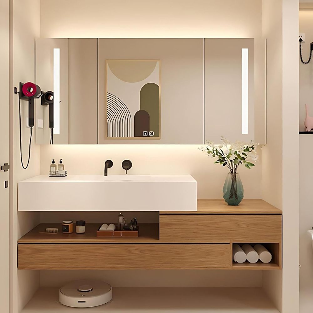 86IN Bathroom Vanity with Sink - Modern Bathroom Vanity with Smart Defog Mirror Cabinet, One-Touch Defog & Lighting, Solid Wood Sink Cabinet with 2 Drawers & Open Storage, Wood - B