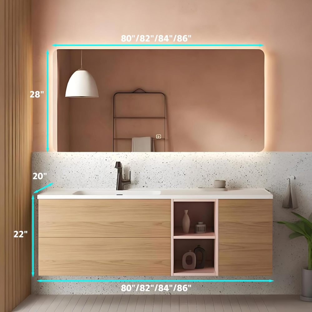 80IN Retro Bathroom Vanity with Sink - Solid Wood Floating Vanity Cabinet with Smart Anti-Fog Mirror, Seamless Stone Sink, Ample Storage, Customizable Sizes for Bathroom, Mirror