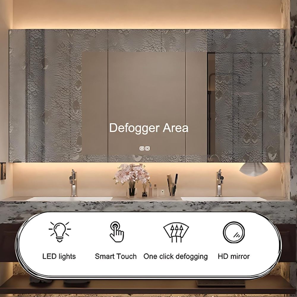 92IN Double Sink Bathroom Vanity - Floating Bathroom Vanity with 3 Large Capacity Drawers, Includes Smart Defog Mirror, One-Touch Defog & Lighting, No Assembly Required, Brown