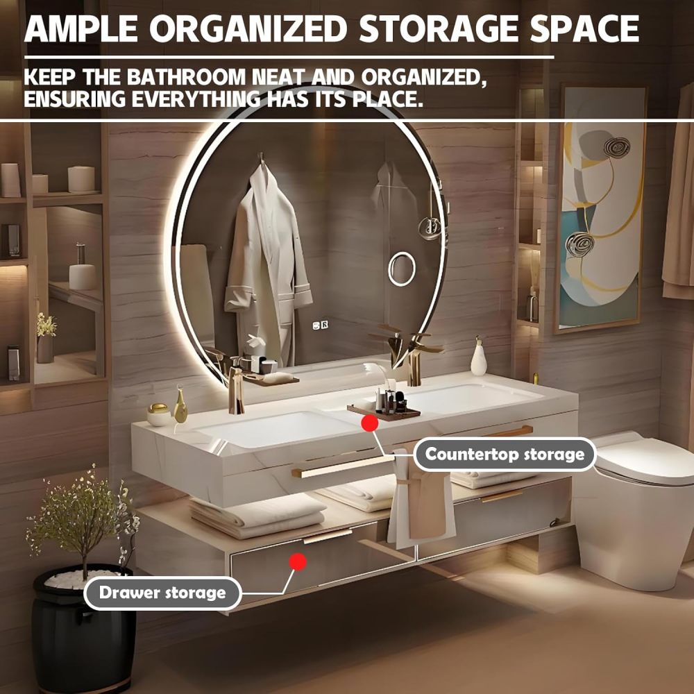 74IN Modern Bathroom Vanity with Sink - Wall-Mounted Floating Vanity Cabinet with Smart Anti-Fog Mirror, Classified Storage Drawers, Stylish Integrated Stone Sink - Easy to Install, Single Sink