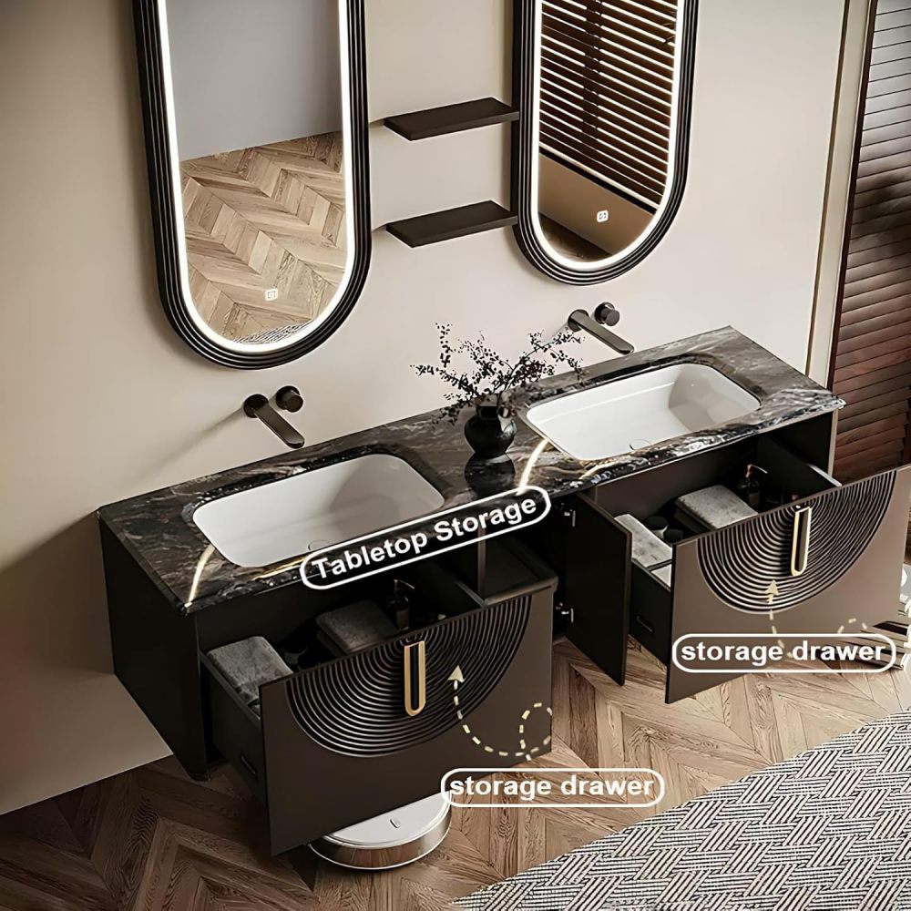 86IN Bathroom Vanity with Sink - Bathroom Vanity Cabinet with Drawers, Double Floating Sink Design, Intelligent Defogging, Durable&Waterproof, Customizable - Complete Accessories, Brown