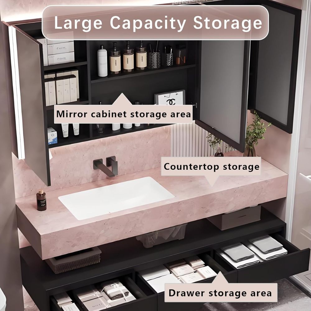 46IN Bathroom Vanity - Luxury Bathroom Vanity with Smart Defog Mirror, Floating Sink Cabinet with 3 Drawers & Open Storage Area, Complete Accessories, No Assembly Required, Pink Mirror Cabinet