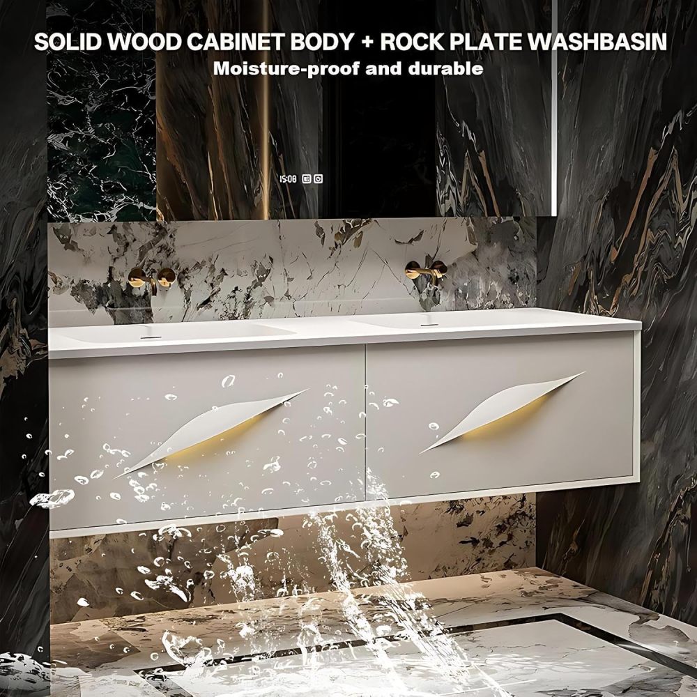 62IN Modern Bathroom Vanity with Sink - Waterproof Bathroom Sink Cabinet with Mirror, Wall-Mounted Vanity, Intelligent Defogging, Solid Wood, Customizable Sizes - Easy to Install, White