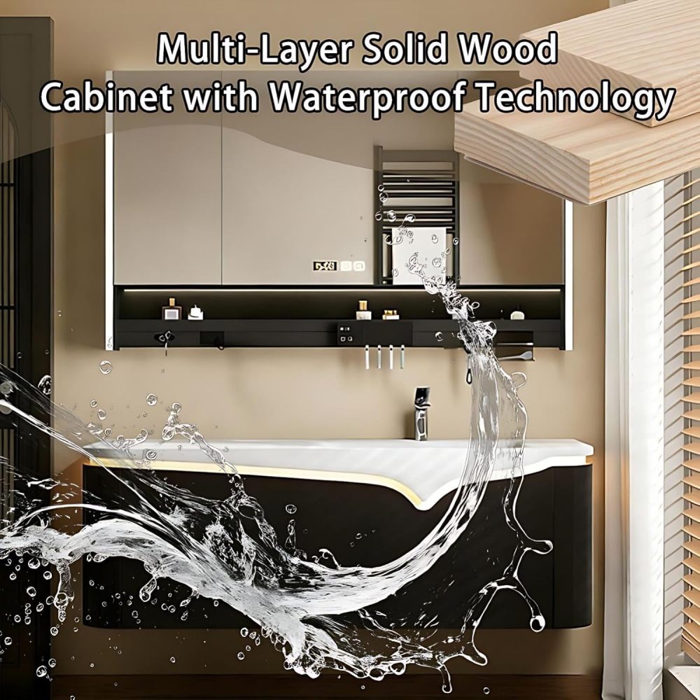 72IN Bathroom Vanity with Sink - Modern Bathroom Vanity with 3 Drawers, Solid Wood Sink Cabinet with Smart Defog Mirror, Complete Accessories, No Assembly Required, Black - Mirror Cabinet