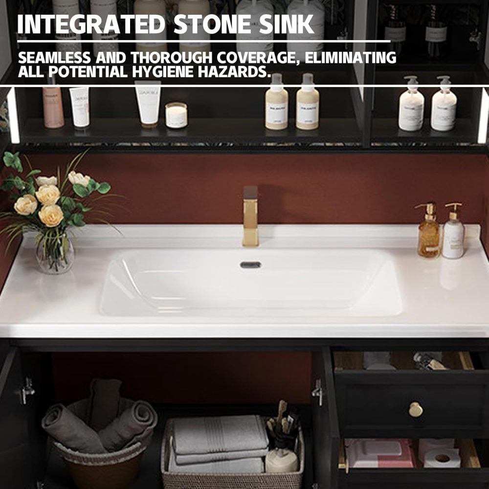 40IN Retro Bathroom Vanity with Sink - Modern Bathroom Vanity Cabinet with Smart Anti-Fog Mirror & Integrated Stone Sink, Waterproof, Multi-Layer Solid Wood for Bathroom, Mirror