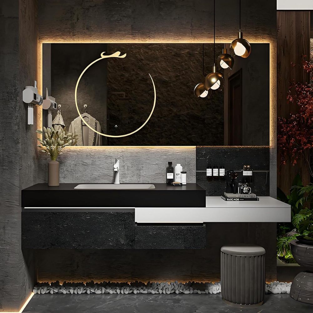 82IN Bathroom Vanity with Sink - Floating Sink Cabinet with Smart Defog Mirror, Modern Bathroom Vanity with Storage & Makeup Vanity, Includes Makeup Stool, No Assembly Required, Black