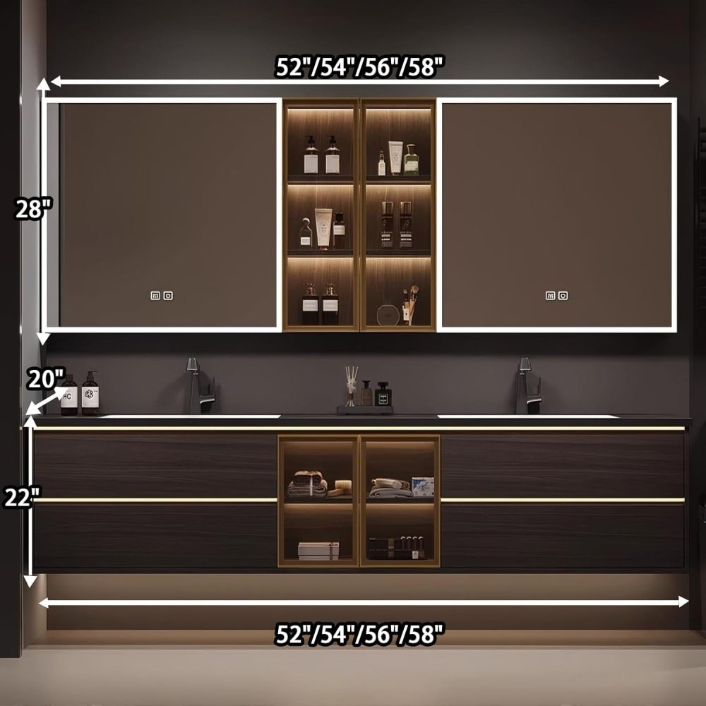 58IN Double Sink Bathroom Vanity - Luxury Bathroom Vanity with Sink & Smart Defog Mirror, Solid Wood Sink Cabinet with Multiple Storage Area, No Assembly Required, BRWO