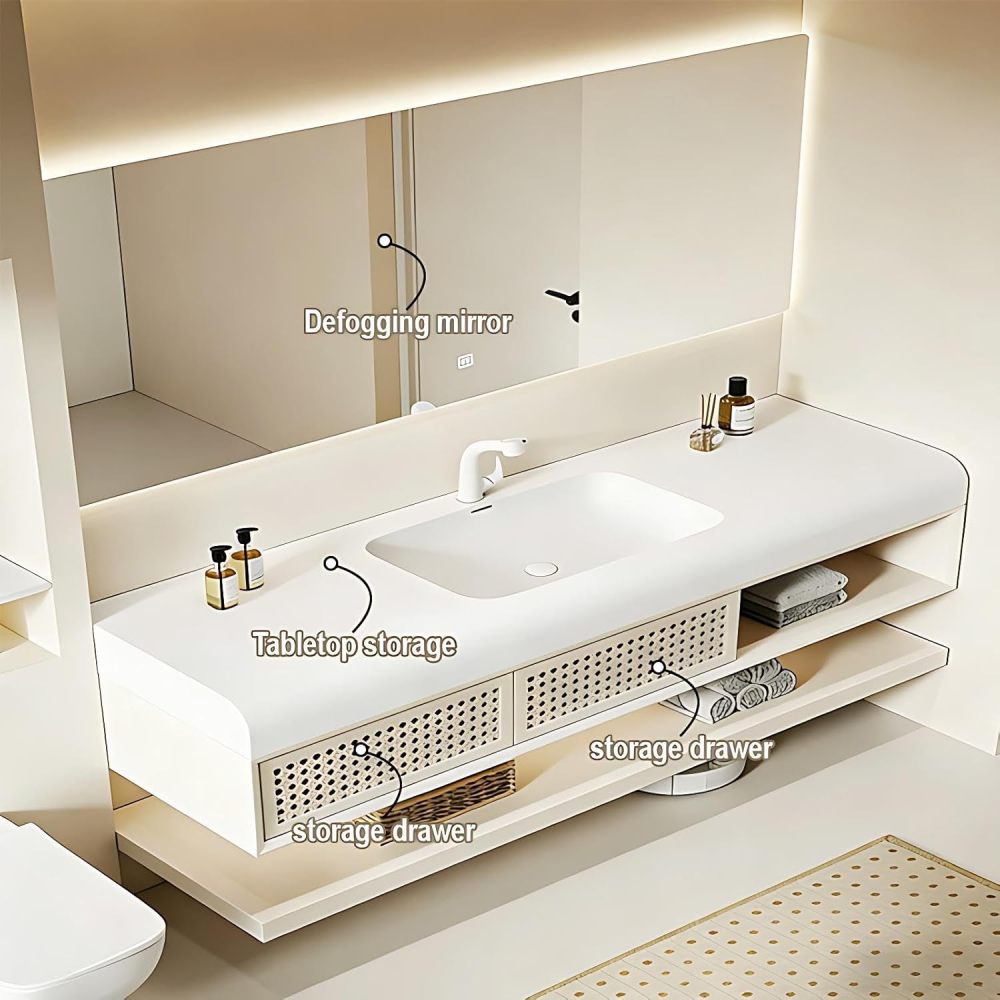90IN Bathroom Vanity with Sink - Single Floating Sink, Solid Wood Bathroom Vanity Cabinet with Intelligent Defogging, Arc Angle, Dual Storage Drawer - Complete Accessories, White