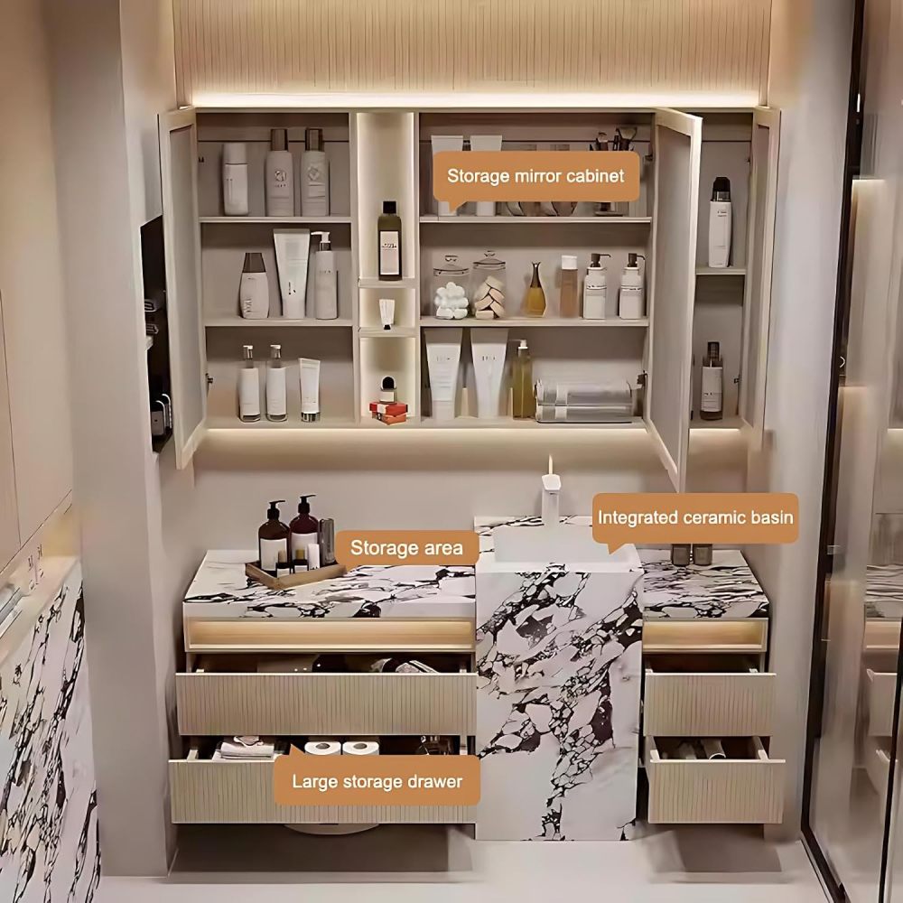 62IN Bathroom Vanity with Sink - Luxury Bathroom Vanity with 4 Storage Drawers, Simple Sink Cabinet with Smart Defogging Mirror, Customizable Sizes, No Assembly Required