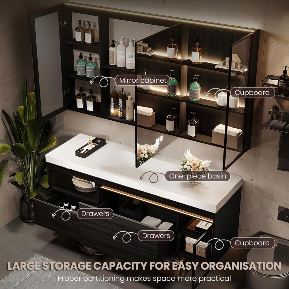 60IN Modern Solid Wood Bathroom Vanity with Sink - Stylish Bathroom Vanity Cabinet with Anti-Fog Mirror, Single Floating Sink DesignIntegrated Stone Sink, Customizable Sizes, Black