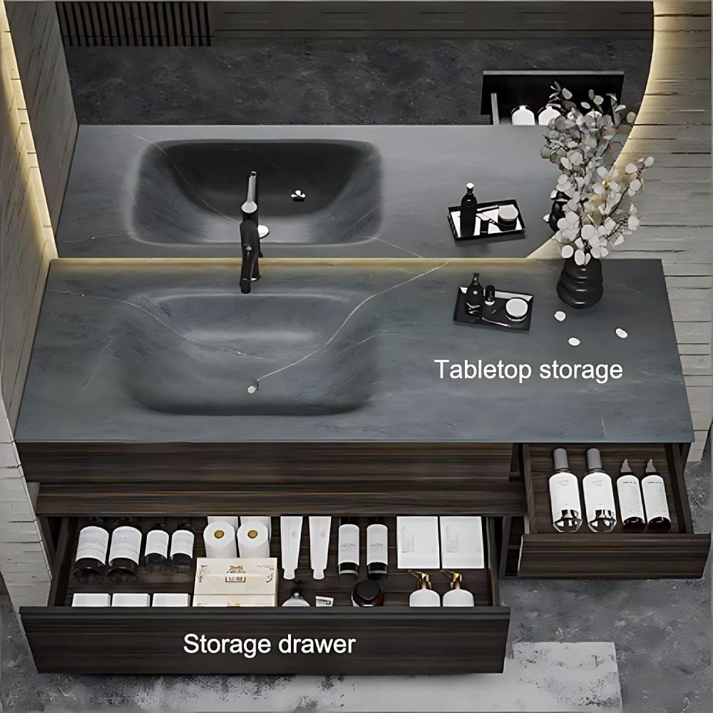 72IN Bathroom Vanity with Sink - Modern Floating Bathroom Vanity with Smart Defog Mirror, Solid Wood Bathroom Sink Cabinet with 2 Drawers and Open Storage, No Assembly Required, Wood
