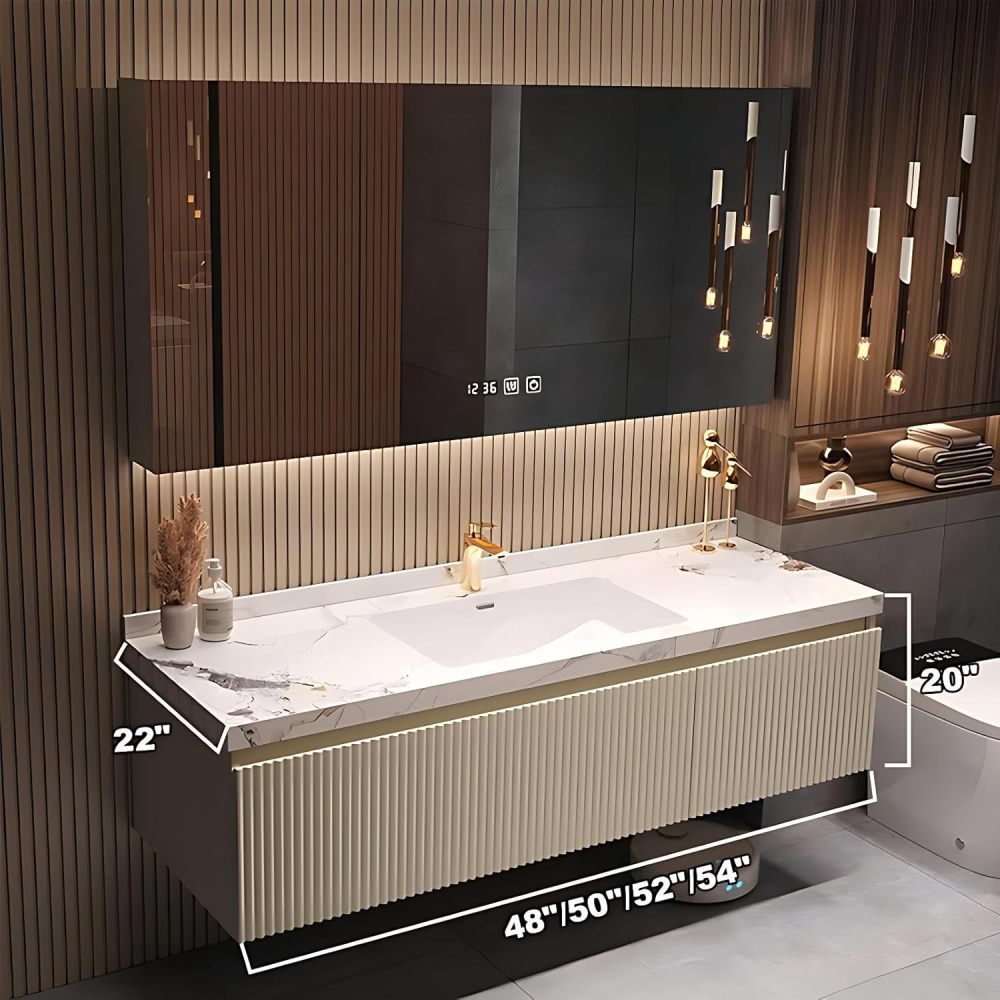 52 inch Bathroom Vanity - Single Sink Bathroom Vanity with Smart Defogging Mirror Set, Solid Wood, Sink Cabinet with Storage Drawer, Striped Design, Includes Accessories, Style B