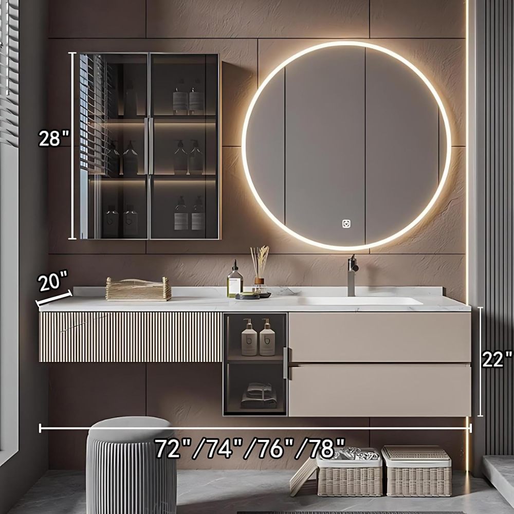 74IN Bathroom Vanity with Sink - Modern Bathroom Vanity with Makeup Vanity & Smart Defog Mirror, Stylish Sink Cabinet with Storage, Includes Makeup Stool, No Assembly Required, Off - White