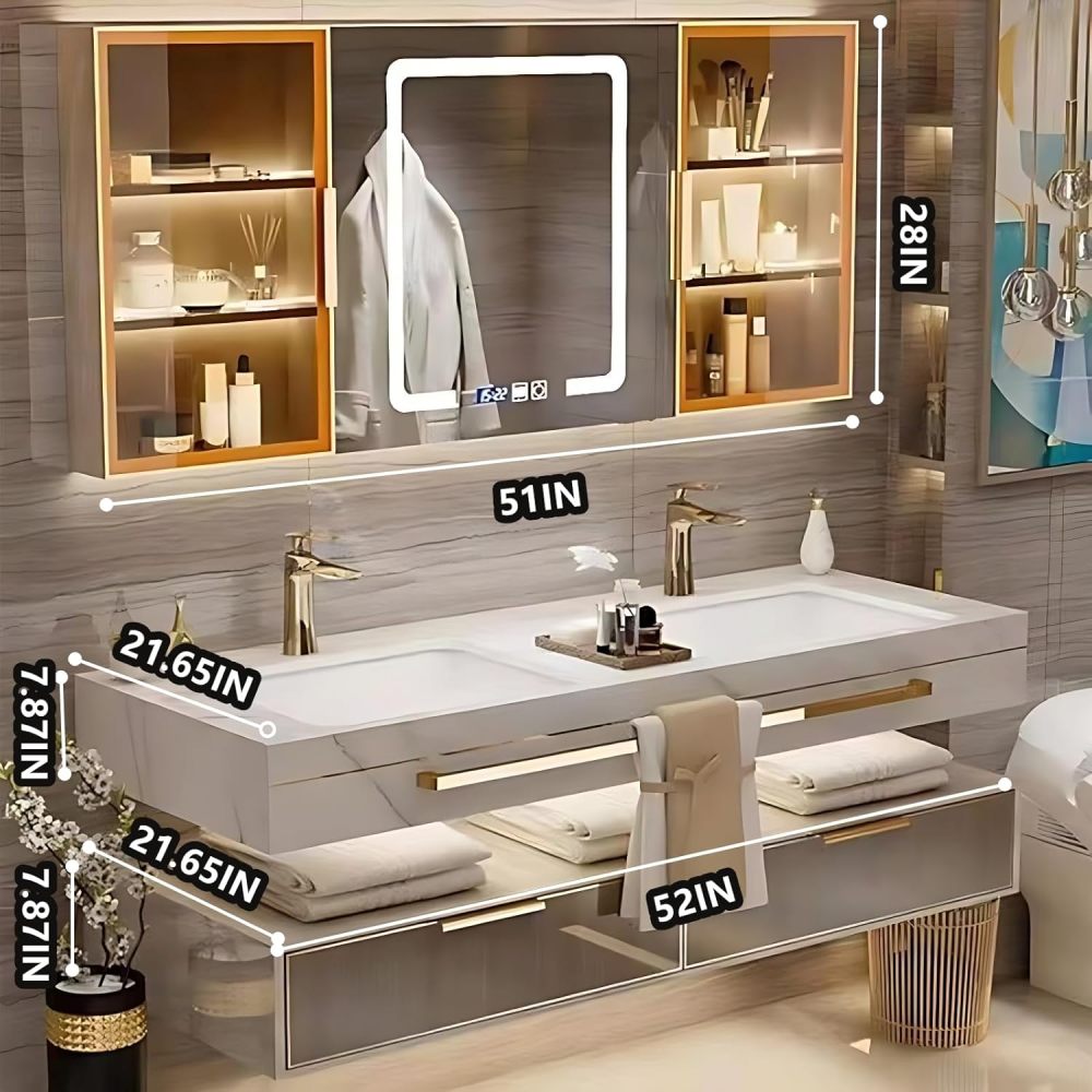 Bathroom Vanity with Sink - Single/Double Sink Bathroom Vanity & LED Fog Removal Mirror Cabinet, Modern Design, Wall-Mounted Floating Vanity (Double Sink, 52“)