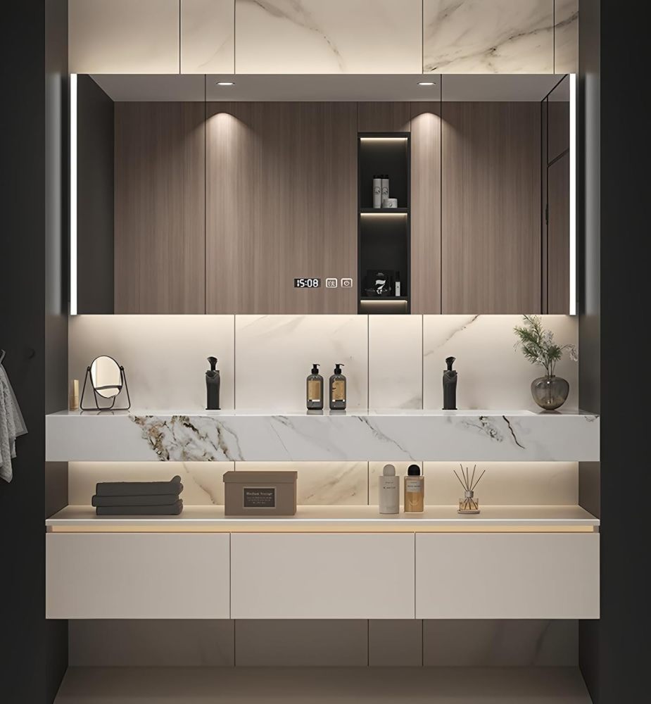 56IN Double Sink Bathroom Vanity - Modern Seamless Sink Set, LED Smart Defogger Mirror, Open Storage, Integrated Countertop Design, Includes Accessories, Milk White