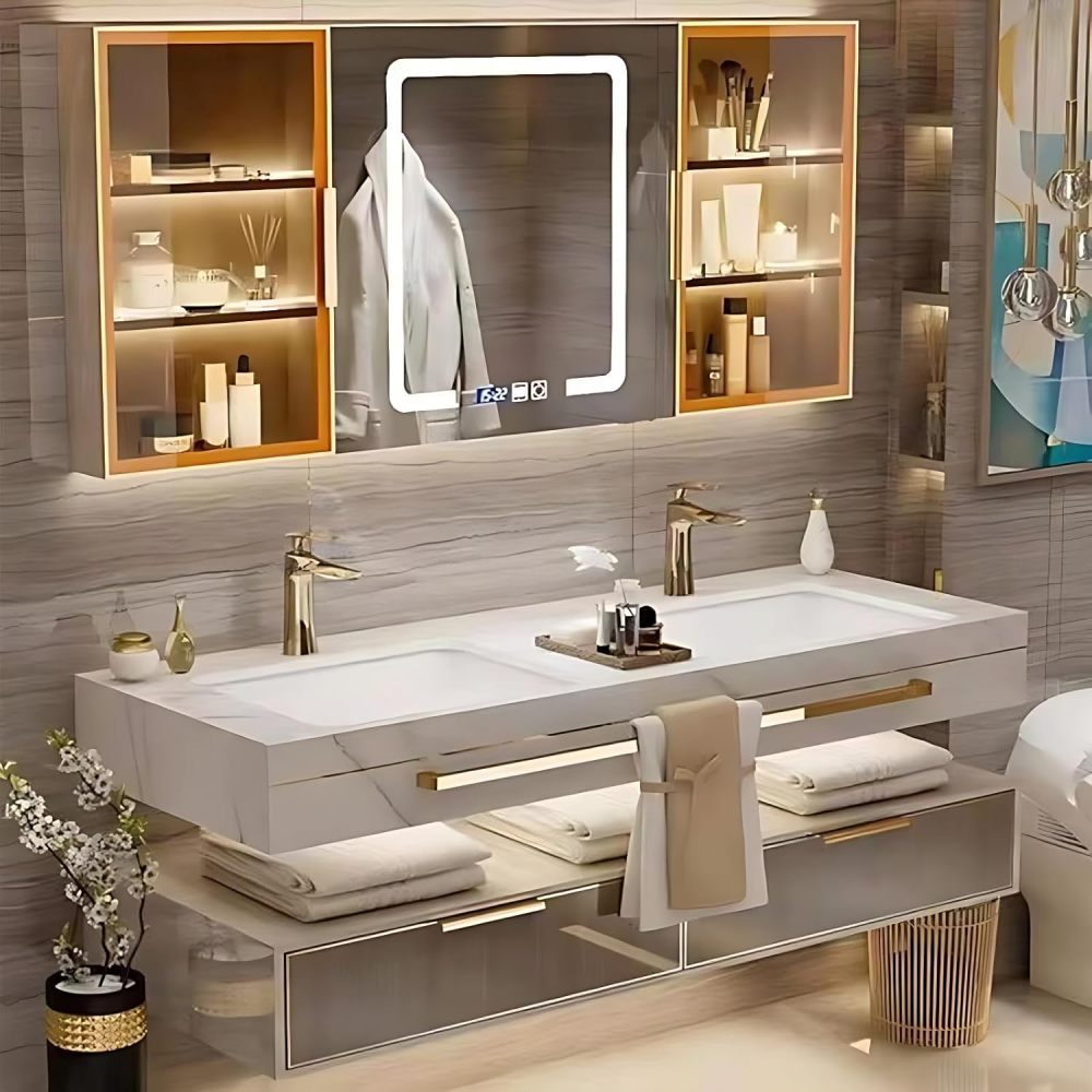 Bathroom Vanity with Sink - Single/Double Sink Bathroom Vanity & LED Fog Removal Mirror Cabinet, Modern Design, Wall-Mounted Floating Vanity (Double Sink, 52“)