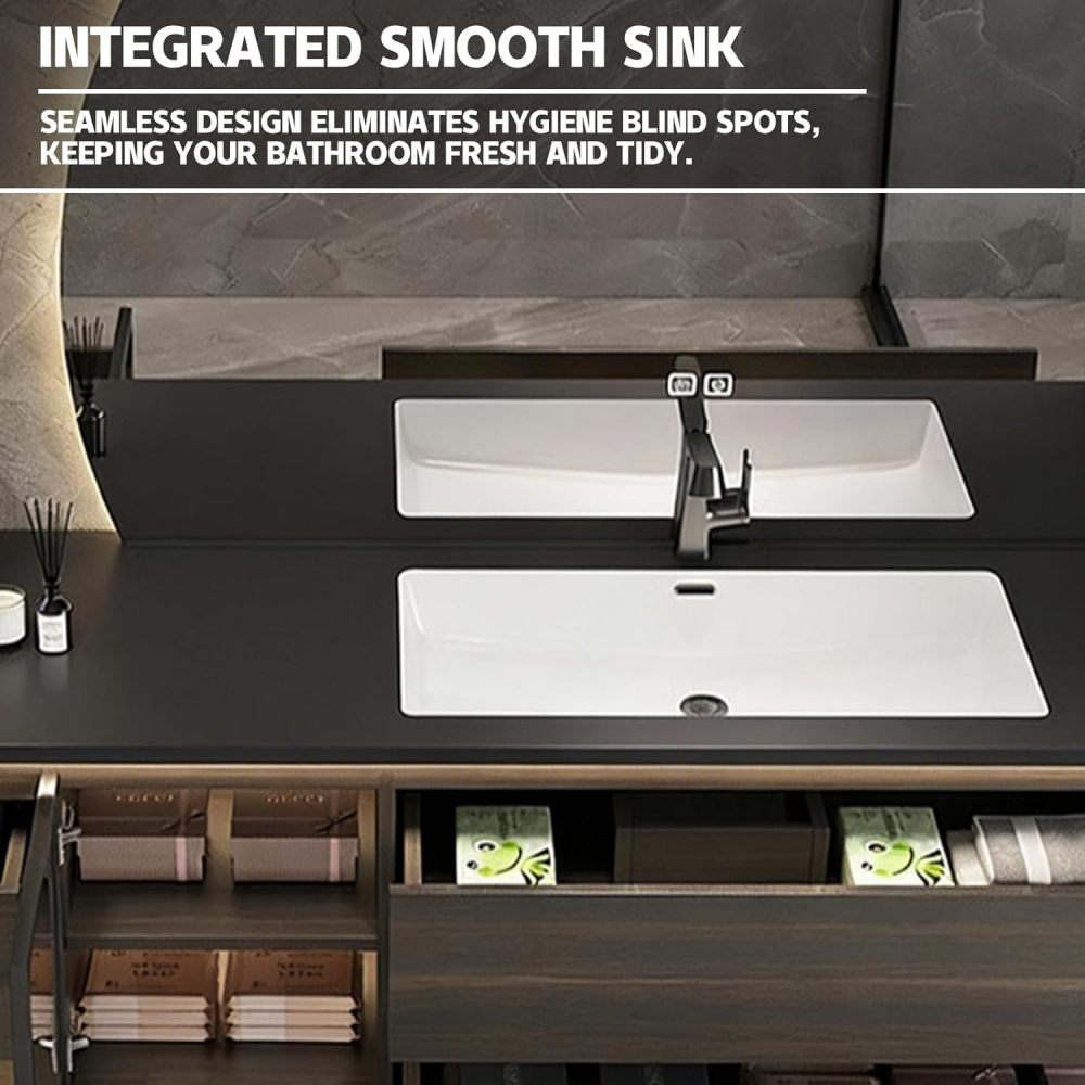 104IN Modern Solid Wood Bathroom Vanity with Sink - Wall-Mounted Floating Vanity Cabinet, Smart Anti-Fog Mirror, 3 Drawers & 1 Cabinet, Stylish Integrated Stone Sink for Bathroom, Mirror.1