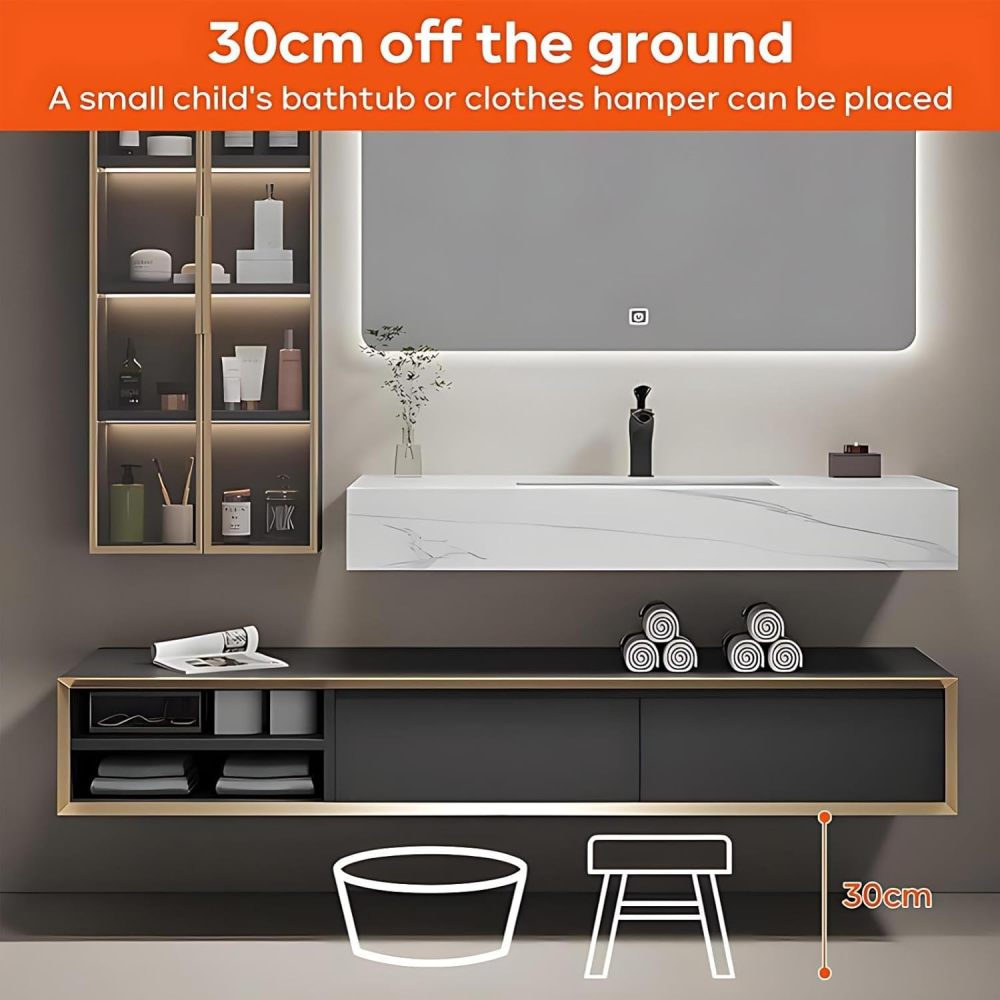 60IN Bathroom Vanity - Solid Wood Bathroom Vanity Set Includes Smart Defog LED Mirror and Side Glass Cabinet with Ambient Lights, Complete Accessorie, Fully Assembled, Brown