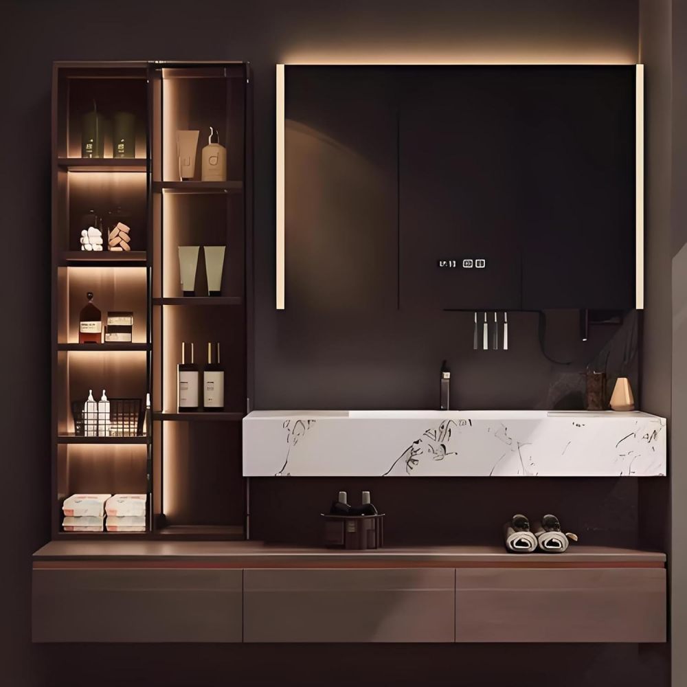 82IN Bathroom Vanity - Modern Bathroom Vanity Set with Seamless Sink & Smart LED Defog Mirror, Floating Sink with Storage Drawers & Side Cabinet, No Assembly Required, Mirror Cabinet