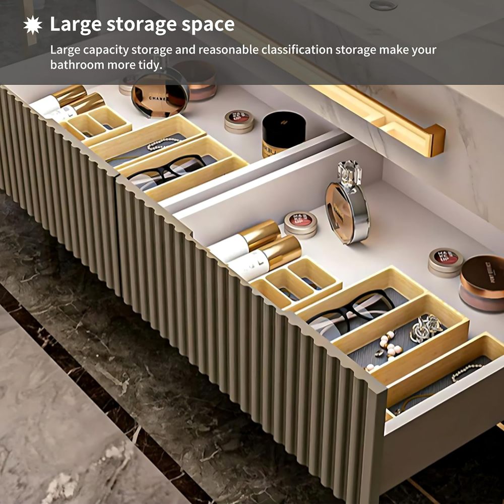 Bathroom Vanity with Sink - Modern Double Sink Bathroom Vanity Cabinet & LED Defog Mirror, Floating Vanity with Multi-Layer Solid Wood Material, Faucet Accessories Included (55")