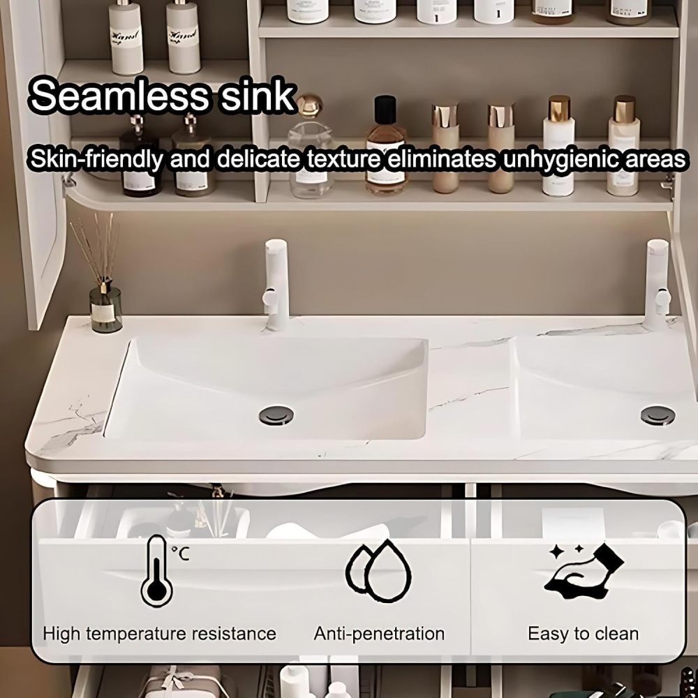 54IN Double Sink Bathroom Vanity - Modern Bathroom Vanity with Smart Defog Mirror, Floating Sink Cabinet with 4 Large Capacity Drawers, No Assembly Required