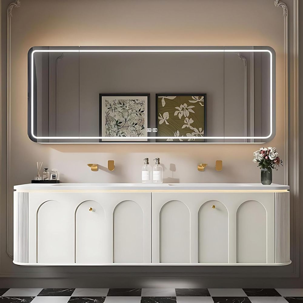 60IN Double Sink Bathroom Vanity - Elegant Bathroom Vanities with LED Smart Defogging Mirror Cabinet and One-Piece Sink, Motion Sensor Light, Solid Wood, Complete Accessorie, White