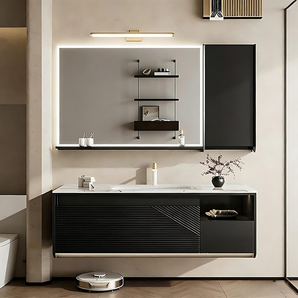 40IN Bathroom Vanity - Modern Bathroom Vanity with Seamless Sink and Smart Defog Mirror, Solid Wood Floating Sink with Multiple Storage Areas, Complete Accessories, Black