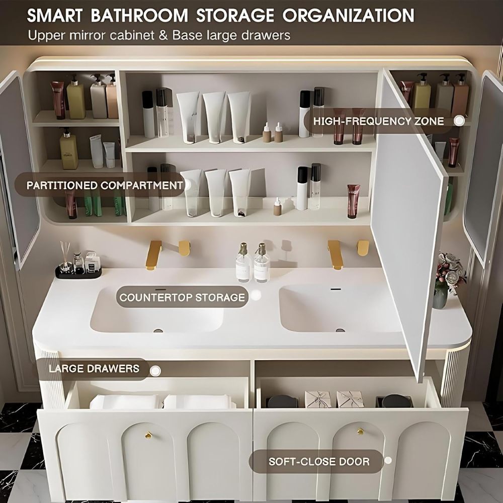 60IN Double Sink Bathroom Vanity - Elegant Bathroom Vanities with LED Smart Defogging Mirror Cabinet and One-Piece Sink, Motion Sensor Light, Solid Wood, Complete Accessorie, White