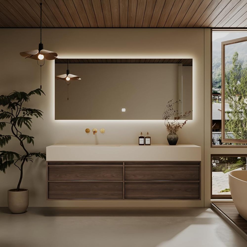 40 inch Bathroom Vanity with Sink - Wall Mounted Bathroom Vanity Set with Defogging Mirror, Seamless Top & Solid Wood Storage Cabinet with 4 Drawers, Includes Accessories, Wood