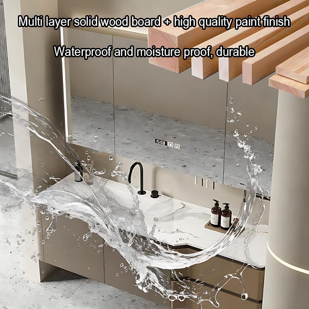 64IN Bathroom Vanity - Solid Wood Bathroom Vanity with Smart Defogging Mirror, Floating Sink Cabinet with Multiple Storage Areas & Seamless Sink, No Assembly Required