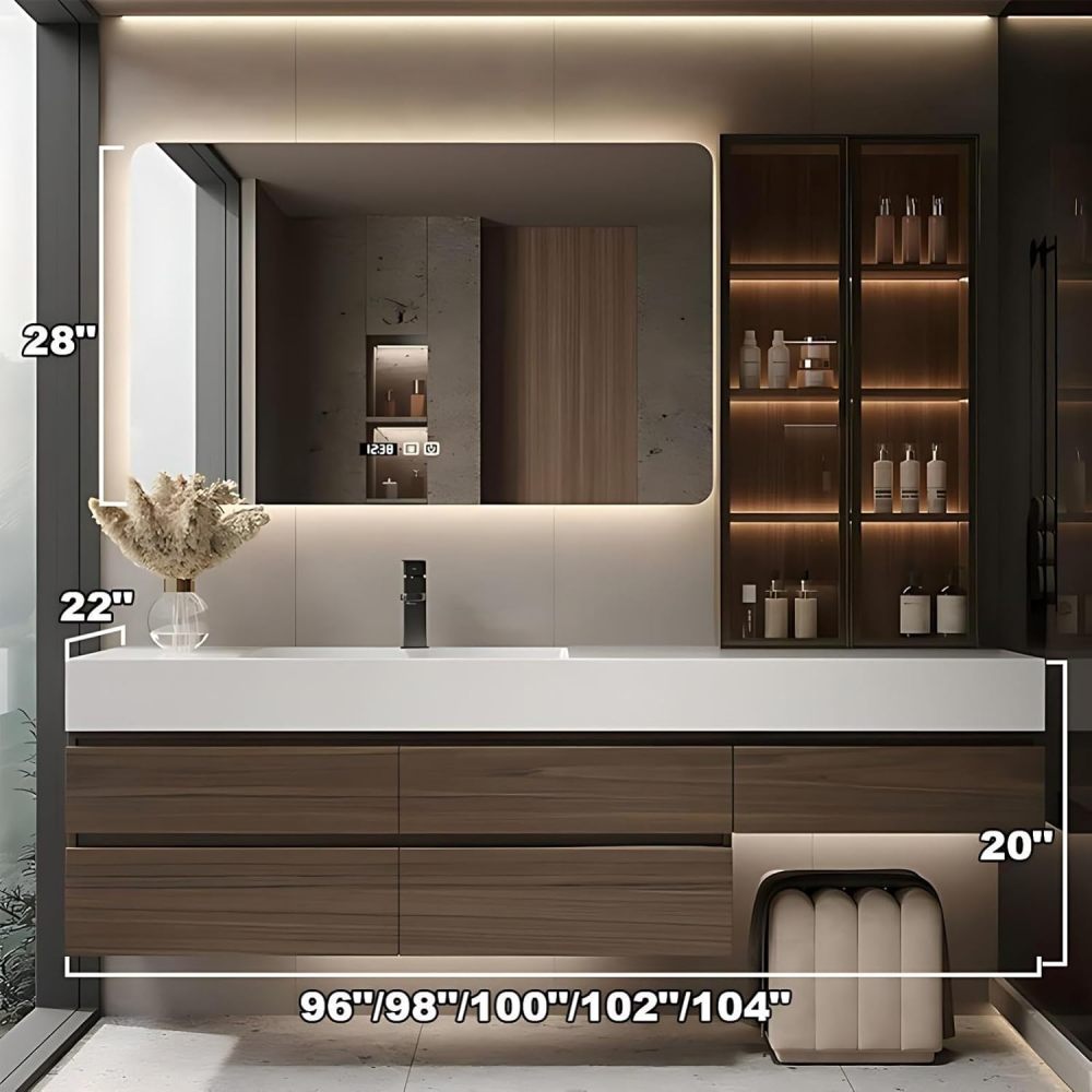 96 inch Bathroom Vanities Sink Set - Floating Bathroom Vanity with Single Sink, Makeup Area & Smart Defog Mirror & Glass Side Cabinet, Includes Accessories & Stool, Brown