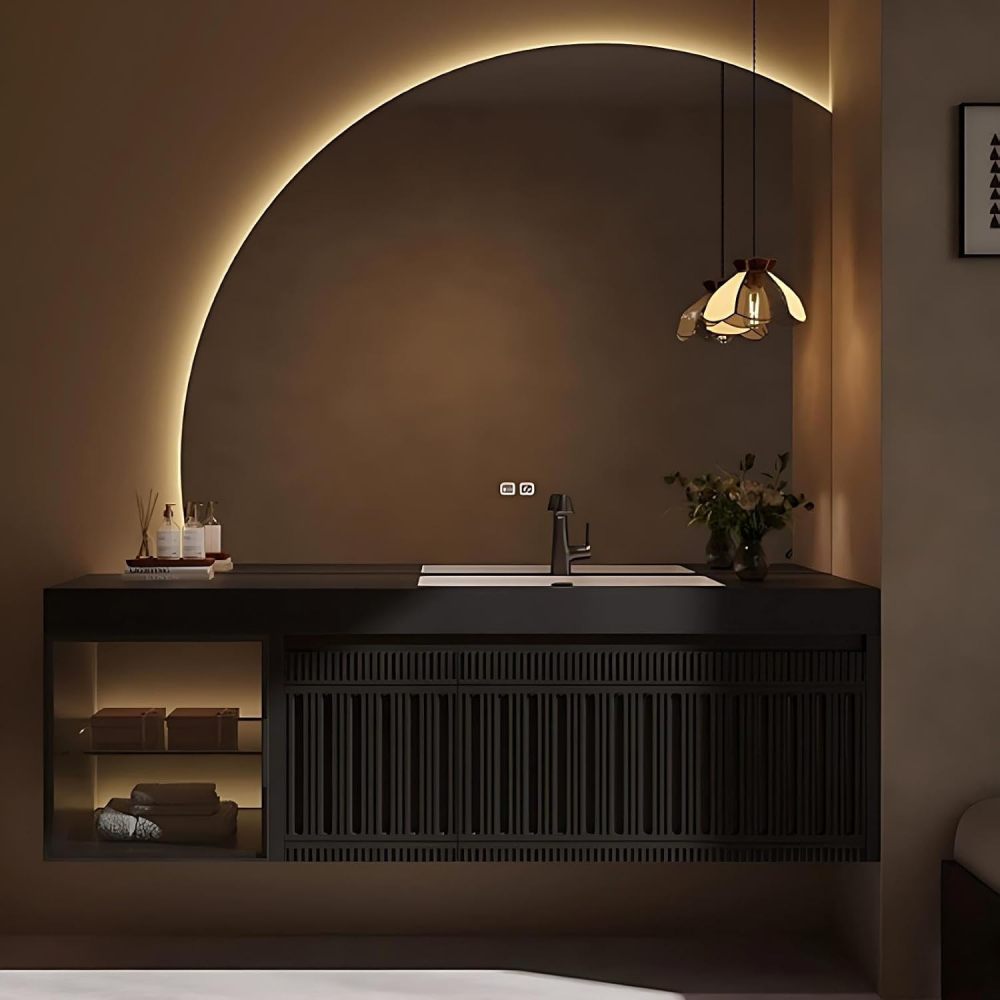 86IN Bathroom Vanity with Sink - Floating Sink Cabinet with Smart Defog Mirror, Modern Bathroom Vanity with Drawers and Cabinet Doors, No Assembly Required, Black-Mirror