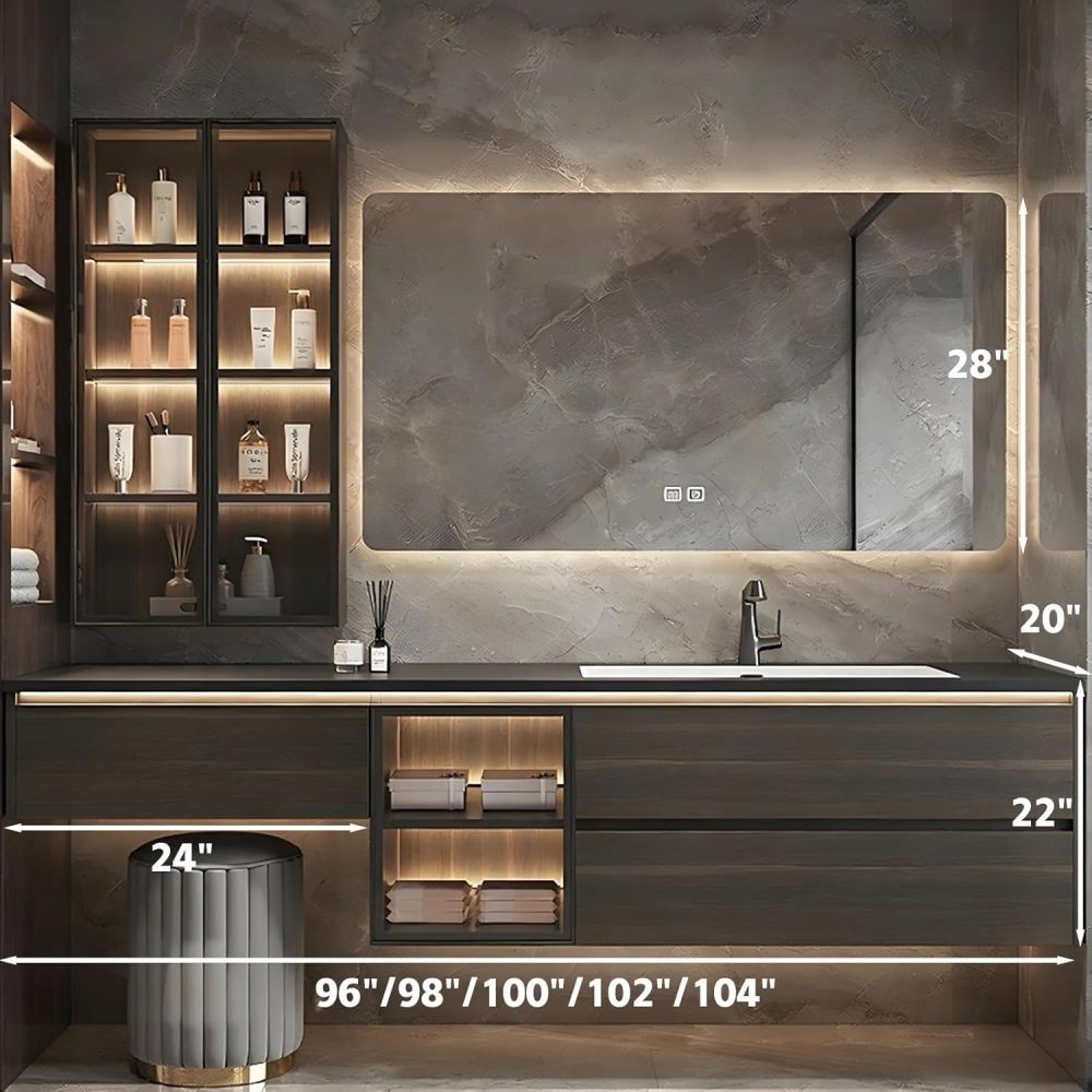 104IN Modern Solid Wood Bathroom Vanity with Sink - Wall-Mounted Floating Vanity Cabinet, Smart Anti-Fog Mirror, 3 Drawers & 1 Cabinet, Stylish Integrated Stone Sink for Bathroom, Mirror.1
