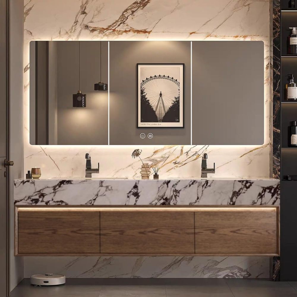 Bathroom Vanity with Sink - Double Sink Vanity with Smart Defogging Mirror, Solid Wood Bathroom Cabinet, Stylish, Waterproof, Custom Sizes - Complete Accessories
