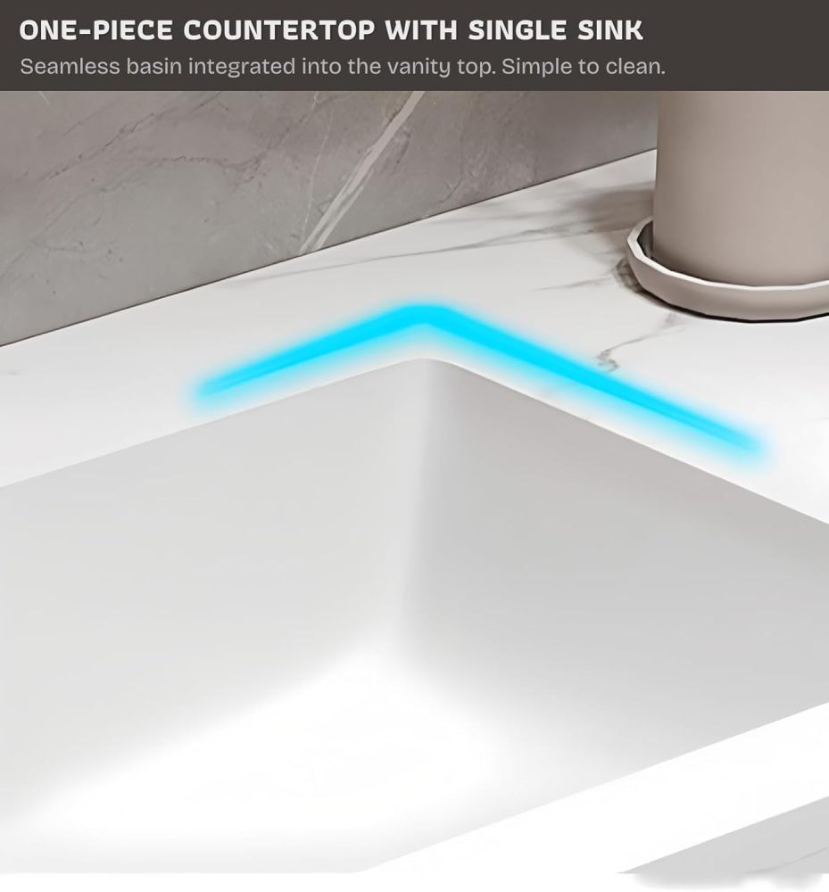 56IN Double Sink Bathroom Vanity - Modern Seamless Sink Set, LED Smart Defogger Mirror, Open Storage, Integrated Countertop Design, Includes Accessories, Milk White