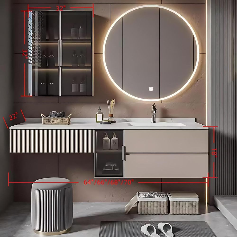 68IN Bathroom Vanity with Sink - Floating Vanity Set with Extended Makeup Table, Solid Wood Sink Cabinet and Round LED Mirror, Glass Side Cabinet, Includes Accessories, Gold