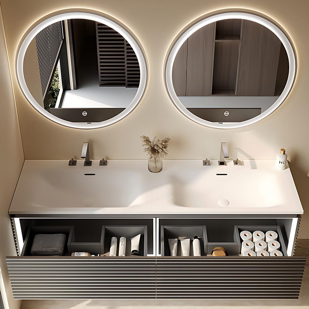 Modern Bathroom Vanity with Sink - Elegant Double Sink Bathroom Vanity Set, Wall-Mounted Bathroom Sink Cabinet with Intelligent LED Defog Mirror, Solid Wood Floating Vanity (88")