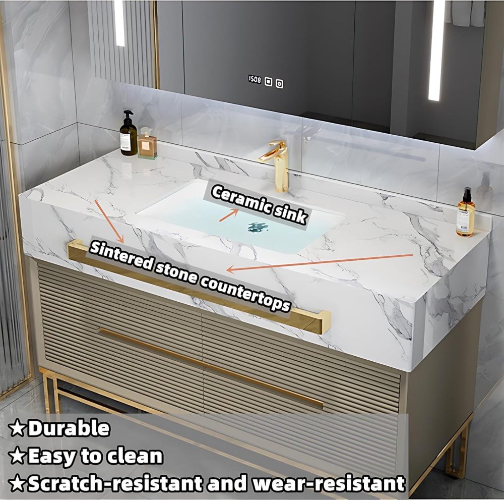 Bathroom Vanity with Sink - Modern Single/Double Sink Bathroom Vanity Cabinet & Smart Defogger Mirror Cabinet Set, Multi-Layer Solid Wood Material | Floor-Mounted Installation (Single Sink,36")