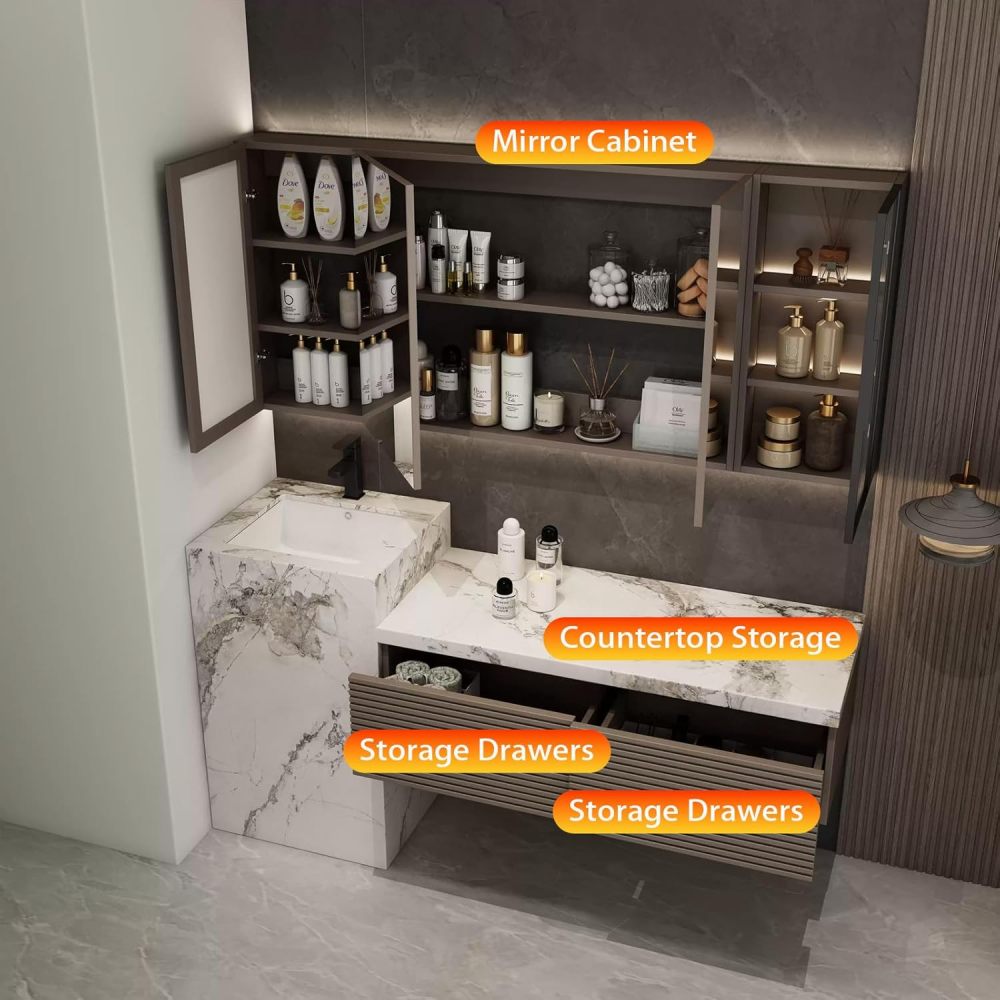 70IN Bathroom Vanity with Sink - Bathroom Vanity Cabinet with Smart Defog Mirror, Floor-Standing Vanity, Multilayer Solid Wood, Custom Complete Accessories, Mirror Cabinet