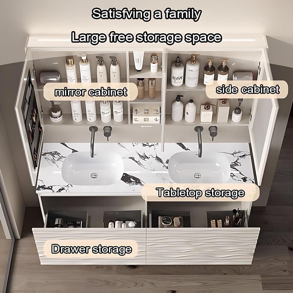 56IN Double Sink Bathroom Vanity - Luxury Bathroom Vanity with Smart Defog Mirror, Modern Sink Cabinet with 2 Large Capacity Drawers, Complete Accessories, No Assembly Required