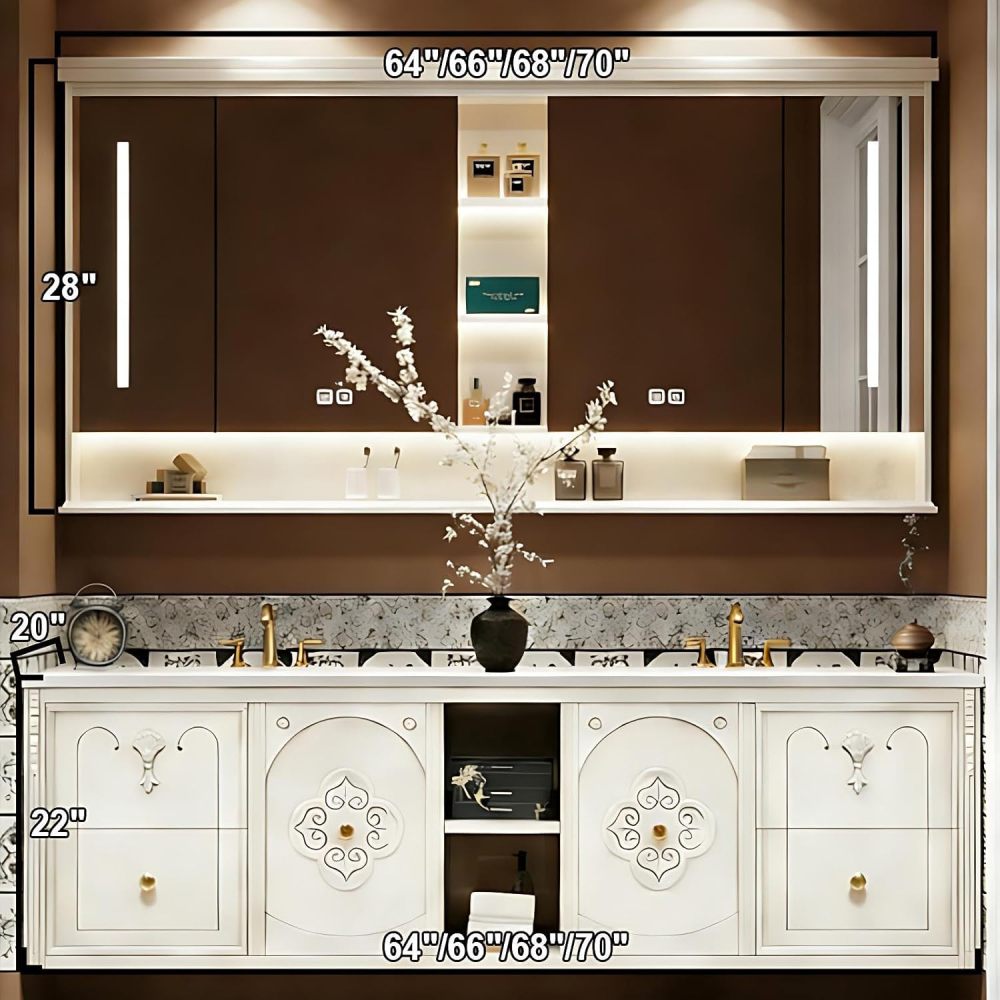 68IN Bathroom Vanity with Sink - Elegant Bathroom Vanity Cabinet with Drawers, Double Floating Sink Design, Smart Anti-Fog Mirror, Customizable Sizes - Complete Accessories, White B