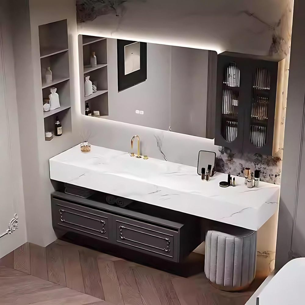 60IN Double Sink Bathroom Vanity - Luxury Bathroom Vanity with Smart Defog Mirror, Floating Sink Cabinet with Multiple Storage Areas, Includes Makeup Stool, No Assembly Required