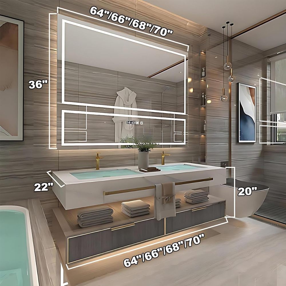 70IN Bathroom Vanity with Sink - Bathroom Vanity with LED Smart Defog Mirror Cabinet, Stylish Wall Mounted Design, Gold Handle, Large Storage Drawer, Complete Accessorie, Wood