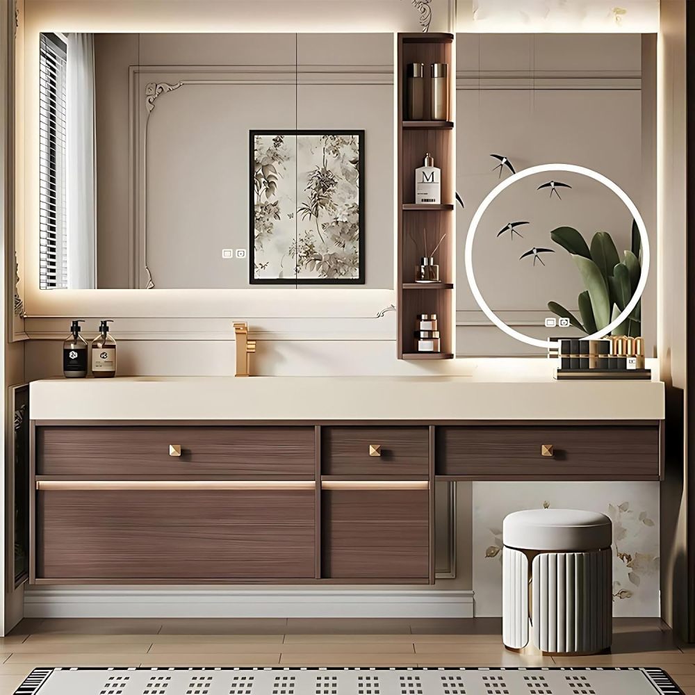 104IN Bathroom Vanity - Single Sink Bathroom Vanity with Makeup Table, Defog Mirror Cabinet and Open Shelf, Solid Wood Bath Sink Cabinet, Complete Accessorie, Includes Makeup Stool, Wood A